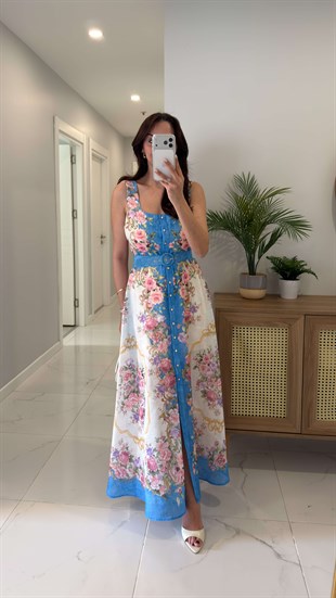 Elwis Mavi Pembe Çiçekli Kemer Detaylı Askılı Elbise