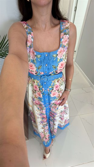 Elwis Mavi Pembe Çiçekli Kemer Detaylı Askılı Elbise