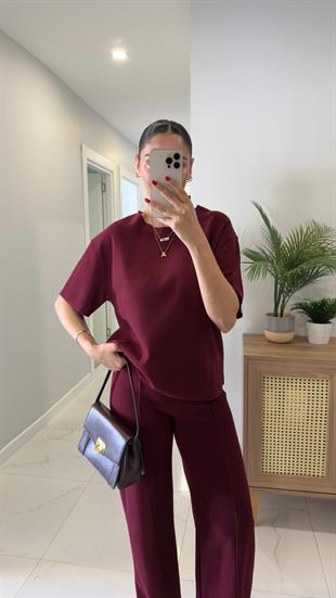 Emma Bordo Fitilli Basic Pantolon Takım