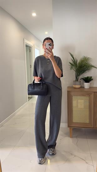 Emma Gri Fitilli Basic Pantolon Takım