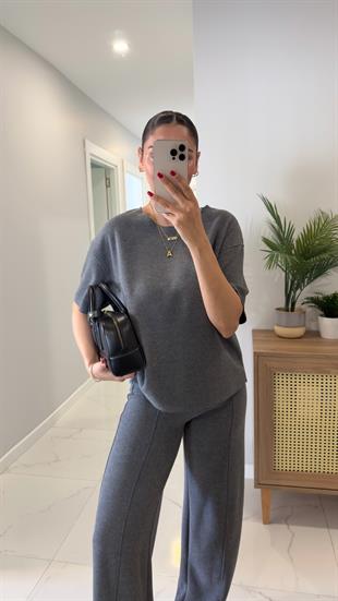 Emma Gri Fitilli Basic Pantolon Takım