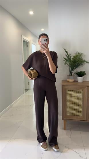 Emma Kahve Fitilli Basic Pantolon Takım