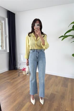 Enry Buz Mavi Kesik Paça Detaylı Flare Jean
