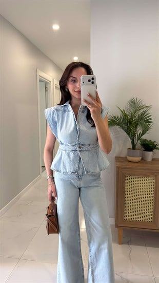 Erasla Buz Mavi Düğmeli Denim Yelek