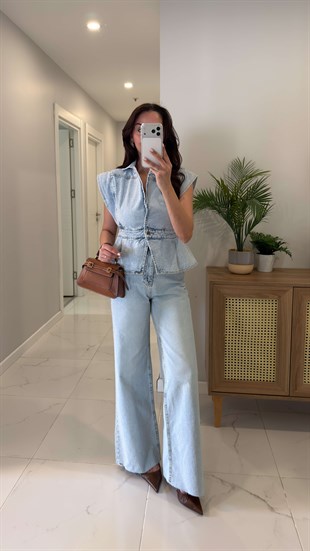 Erasla Buz Mavi Düğmeli Denim Yelek