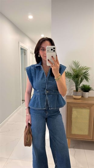 Erasla Mavi Düğmeli Denim Yelek