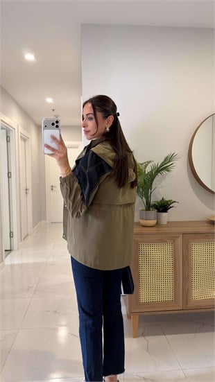 Esinra Haki Denim Detaylı Kapüşonlu Ceket
