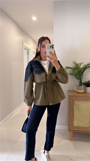 Esinra Haki Denim Detaylı Kapüşonlu Ceket