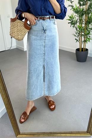 Buz Mavi Yırtmaç Detaylı Denim Etek