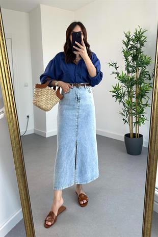 Buz Mavi Yırtmaç Detaylı Denim Etek