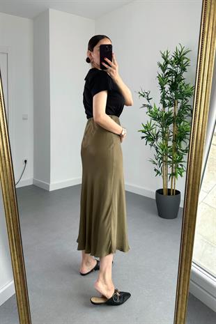 Haki Beli Lastikli Midi Boy Etek