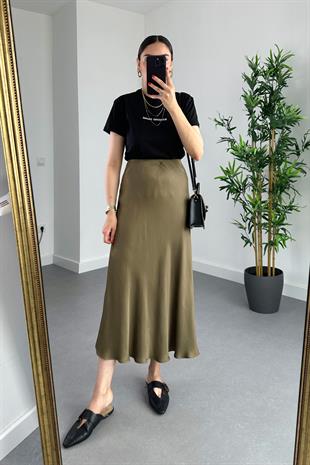 Haki Beli Lastikli Midi Boy Etek