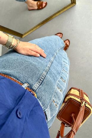 Lacivert Düğme Detaylı Denim Etek