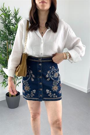 Nakış İşleme Detaylı Düğmeli Denim Etek