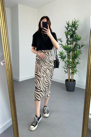 Zebra Desenli Astarlı Beli Lastikli Etek