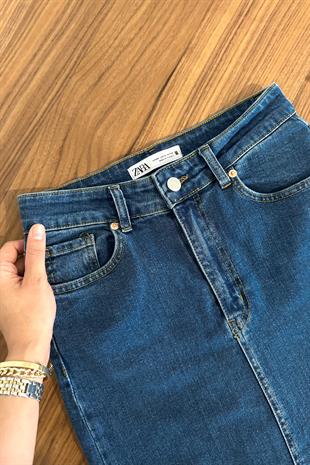 ZR Koyu Lacivert Yırtmaç Detaylı Denim Etek