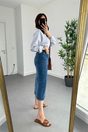 ZR Koyu Lacivert Yırtmaç Detaylı Denim Etek