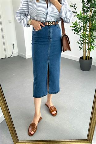 ZR Koyu Lacivert Yırtmaç Detaylı Denim Etek