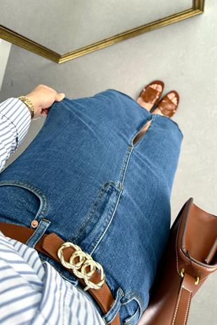 ZR Koyu Lacivert Yırtmaç Detaylı Denim Etek