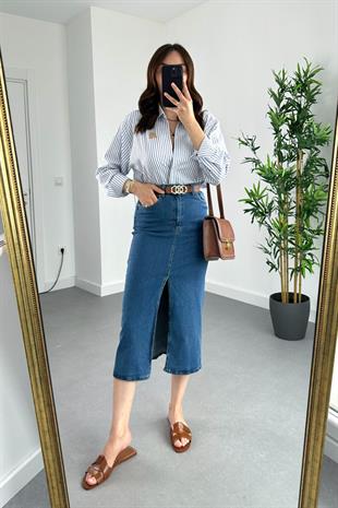 ZR Koyu Lacivert Yırtmaç Detaylı Denim Etek
