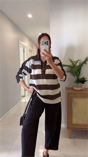 Evas Kahve Şerit Detaylı Agraflı Polo Yaka Sweat