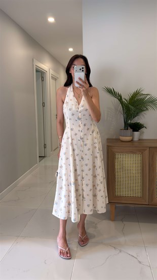 Ewesry Ekru Düğmeli Çiçek Desenli Elbise