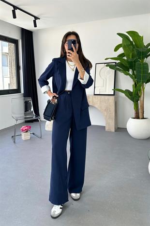 Dosy Lacivert Blazer Ceket Palazzo Pantolon Takım