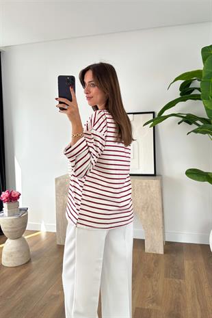 Cesina Beyaz Bordo Çizgili Bisiklet Yaka Sweatshirt