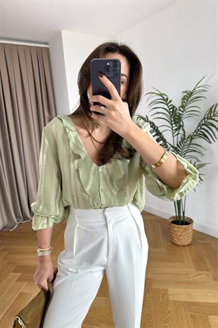 Mint Yeşili Çizgi Detaylı Fırfır Gömlek