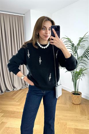 Shavy Siyah İnci Detaylı Triko