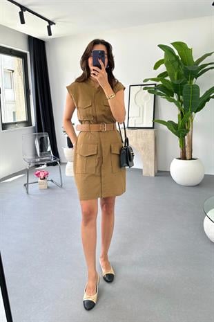 Florina Camel Kemer Detaylı Sıfır Kol Keten Elbise