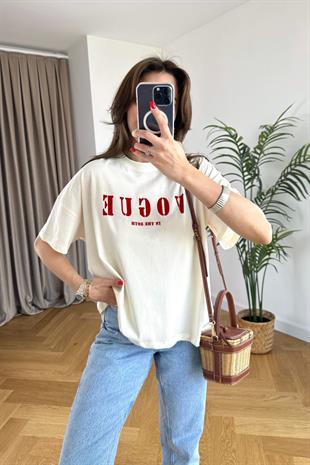 Krem Vogue Baskılı Tişört