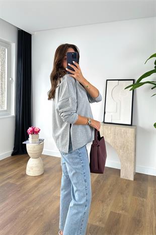 Merlin Gri Yırtmaç Detaylı Oversize Sweatshirt