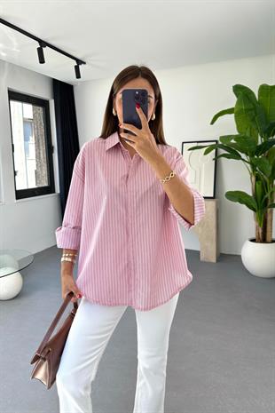 Mores Pembe Renkli Çizgili Dökümlü Gömlek