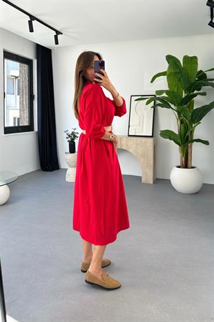 Diana Kırmızı Hasır Kemerli Keten Elbise