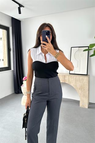 Volens Beyaz Siyah Büstiyer Detaylı Sıfır Kol Gömlek