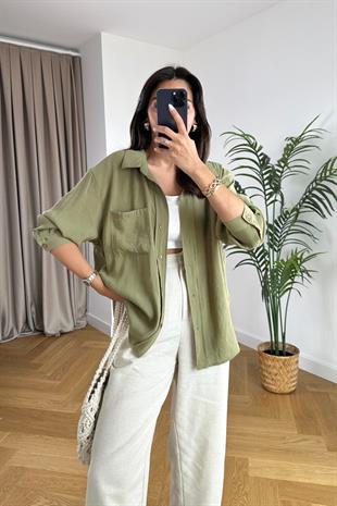 Mari Yağ Yeşili Dökümlü Gömlek