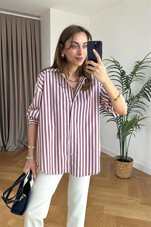 Luny Kırmızı Lacivert Çizgili Gömlek