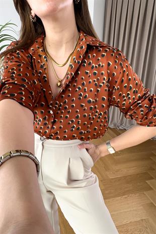 Kiremit Siyah Desenli Saten Gömlek