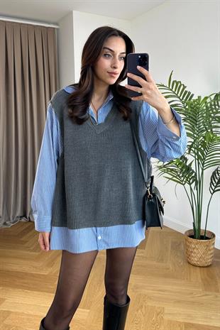 Triko Detaylı Çizgili Gömlek