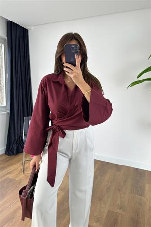 Leysa Bordo Geniş Kol Detaylı Bağlamalı Gömlek