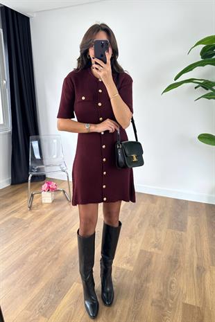 Yessa Bordo Gold Düğme Detaylı Triko Elbise