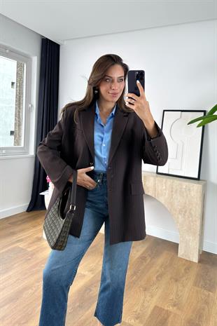 Larase Acı Kahve Kendinden Çizgili Premıum Blazer