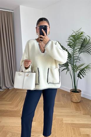 Olizy Ekru V Yaka Üst Dikişli Triko