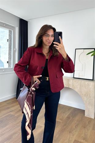 Brinde Bordo Kapak Cep Detaylı Vatkalı Kısa Ceket