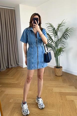 Topshop Fermuar Detaylı Denim Elbise