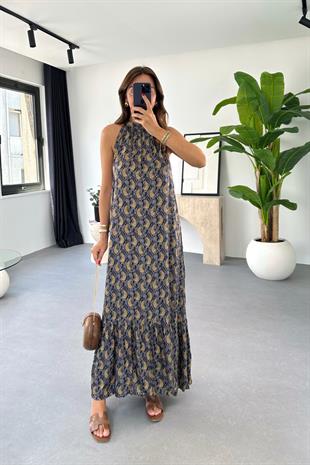 Selery Siyah Camel Desenli Halter Yaka Elbise