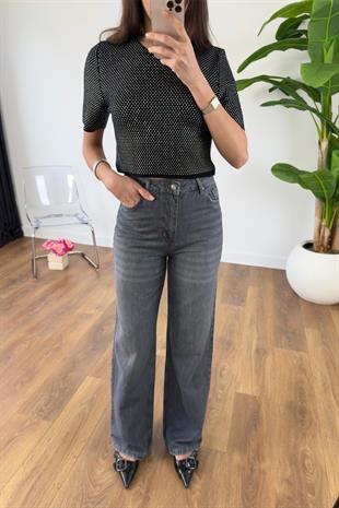 Farika Gri Yüksek Bel Detaylı Wide Leg Jean