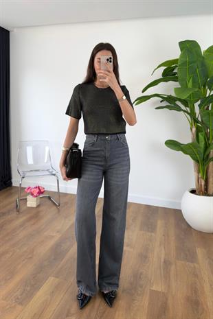 Farika Gri Yüksek Bel Detaylı Wide Leg Jean
