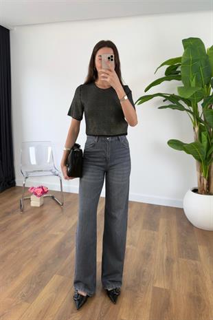 Farika Gri Yüksek Bel Detaylı Wide Leg Jean